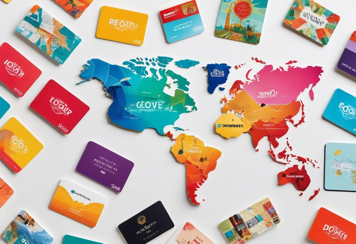 A colorful collage of various gift cards, both virtual and physical, arranged creatively on a map of the world. Include diverse gift card designs showcasing popular brands, alongside custom options like handmade cards, all set against a backdrop of various cultural symbols. Add small details like social media icons and digital elements to hint at the virtual aspect. Emphasize brightness and vibrancy to evoke excitement about gifting. super-realistic. vibrant colors. white background.
