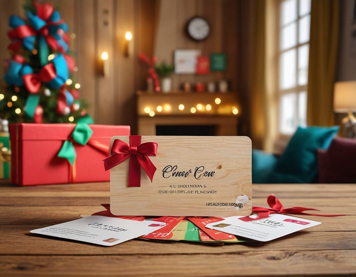 A colorful array of various gift cards and certificates fanned out on a stylish wooden table, with a glowing lock symbol above them to represent 'unlocking deals'. Include festive elements like ribbons and bows to evoke a sense of celebration and gifting. Soft focus background of a cheerful living room setting, creating a welcoming atmosphere. super-realistic. vibrant colors. 3D.